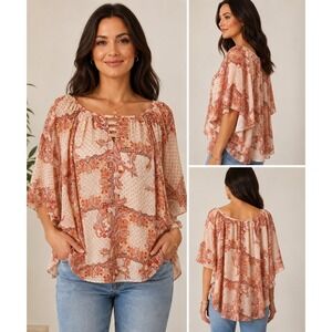 Cato Poncho Blouse Womens‎ Large Orange Paisley Lattice Neck Flowy Top